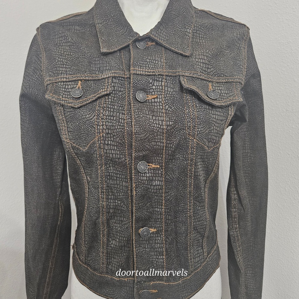 Vintage Tyte Y2K Trucker Jacket Snakeskin Coated Print Junior XL Women XS RARE